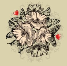 Floral background with roses red hearts and butterflies Vector illustration