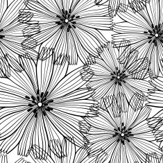 Black and white seamless pattern of abstract flowers