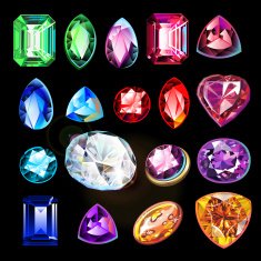Different in color shape and cut gems on black background