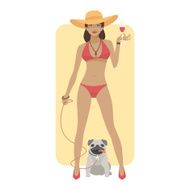 Woman in swimsuit with dog pug