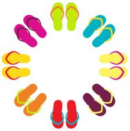 Summer colorful flipflops in circle isolated on white