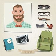 Icon set of hipster man with his accessories