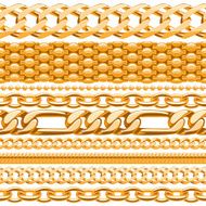 Assorted golden chains on white seamless background