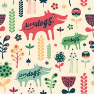 Colorful floral seamless pattern with love dogs