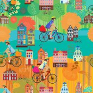 Girl on a bicycle Summer Autumn Vector seamless pattern