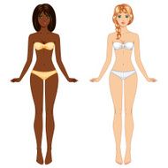 Two young barefoot girls from different ethnic groups in underwear