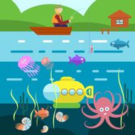 Flat Style Underwater Life with Fisherman on a boat Vector