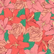 seamless background with pink lily and roses