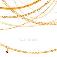 Assorted golden chains on white background with glass bead pendant