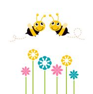 Cute beautiful bees with colorful flowers isolated on white