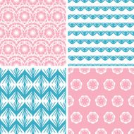 Four abstract pink blue folk motives seamless patterns set
