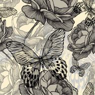 Seamless pattern with blooming wild roses and decorative butterflies