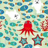 Seamless pattern fish sea lions octopus starfish corals vector