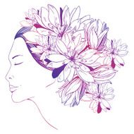monochrome portrait of young girl with flowers in hair