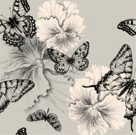 Seamless pattern with blooming pansies and butterflies Vector illustration
