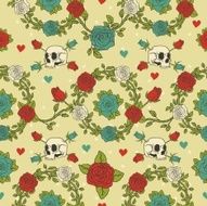 Seamless ornament in a retro style with skulls and roses