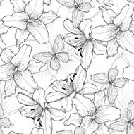 black and white seamless background with lilies butterflies N2