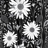 Monochrome seamless pattern of abstract flowers and leaves N3