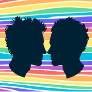 Profiles of two men homosexual couple Rainbow background