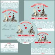 Cartoon wedding couple on retro bike Design template set