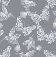 Zentangle stylized Hummingbird and Butterfly seamless pattern