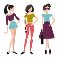 Three fashionable girl Flat vector illustration