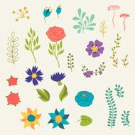 Romantic floral elements various flowers in retro style