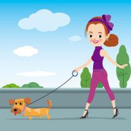 Woman walking dog leash