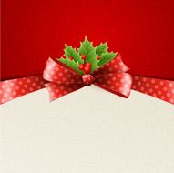 Holiday background with red polka dots bow and holly