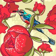 Seamless floral background with peonies bird N4