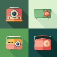 Set of vintage radios flat square icons with long shadows