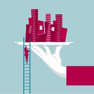Hand holding tray City in the tray businessman climb ladders