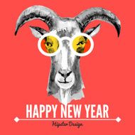Happy New Year card with watercolor portrait of hipster goat