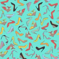 Seamless lady&#039;s shoes colorful pattern Green background