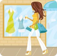 Cartoon woman window shopping for summer dresses