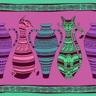 Ethnic seamless pattern with ornated cats and vases
