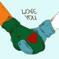 Illustration with holding hands couple in mittens N3