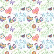 Floral seamless pattern with flowers bird hearts and butterfly