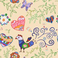 Floral seamless pattern with flowers bird hearts and butterfly N2
