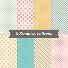 Geometric Seamless Patterns with Flowers Polka Dot and Diagonal Stripes