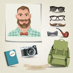 Icon set of hipster man with his accessories