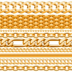 Assorted golden chains on white seamless background