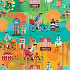 Girl on a bicycle Summer Autumn Vector seamless pattern