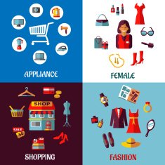 Set of flat colorful woman and appliance shopping designs