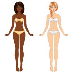 Two young barefoot girls from different ethnic groups in underwear