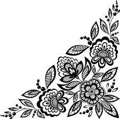 corner ornamental lace flowers are decorated in black and white