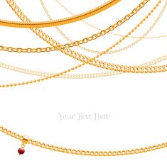 Assorted golden chains on white background with glass bead pendant