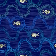Vector seamless background of cartoon funny fishes and waves