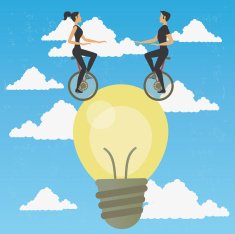 Acrobats in monocycle over an idea