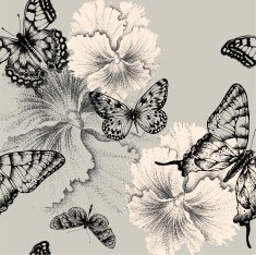 Seamless pattern with blooming pansies and butterflies Vector illustration